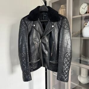 The Kooples Black Leather Shearling Collar Moto Jacket Medium Quilted Biker